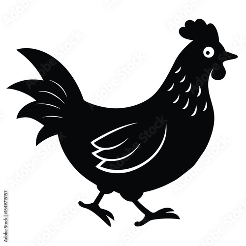 Stylized black silhouette of a chicken walking on a white background