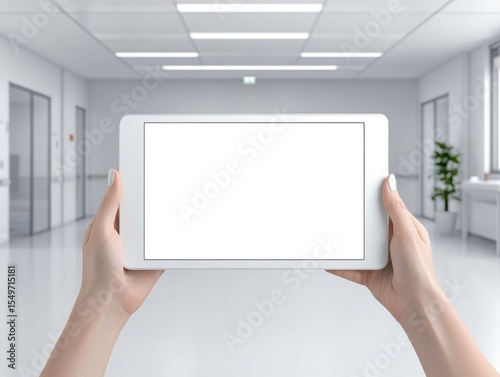 Tablet held by hands, modern clinic background