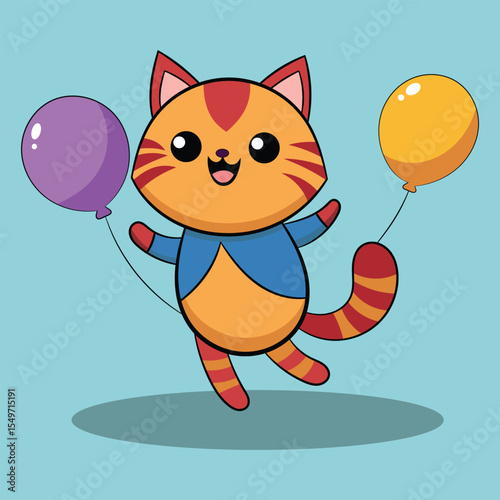 Cute cat flying with two balloons cartoon vector illustration