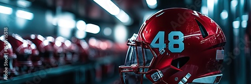 Red Football Helmet in Locker Room
