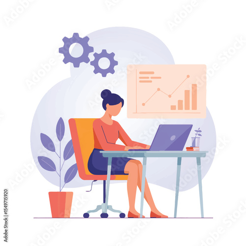 Flat cartoon vector illustration of a woman working on a laptop at a desk isolated on transparent background