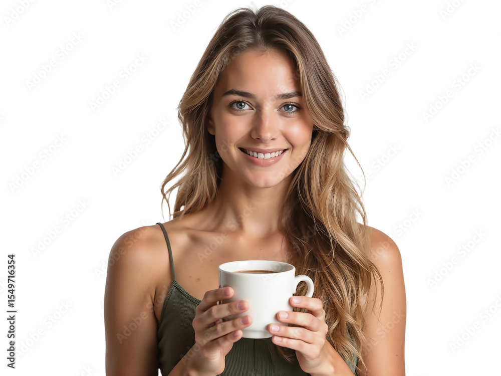 Beautiful young woman holding coffee cup isolated on transparent background Beautiful young woman holding coffee cup isolated on transparent background