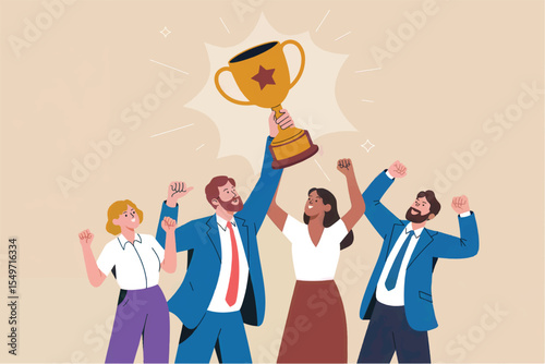 Team celebrating victory with a trophy isolated on transparent background