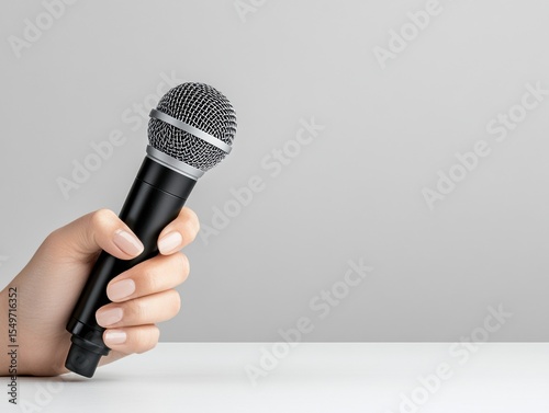 Hand Holding Microphone Against Gray Background