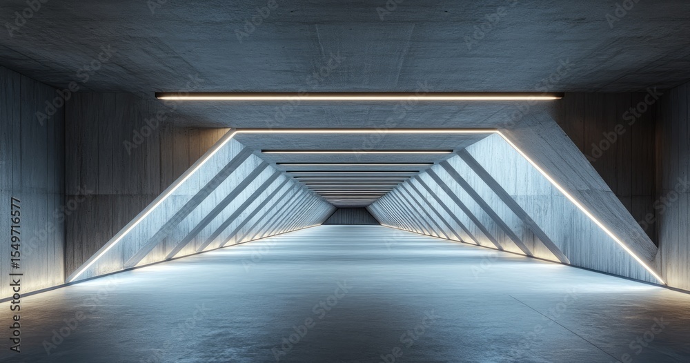 Obraz premium Empty, futuristic concrete tunnel lit by glowing lines