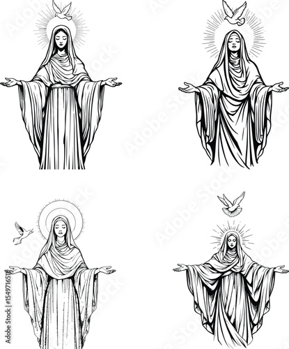 Black vector illustration of four Virgin Mary figures in flowing robes with halos and doves above, depicted in reverent prayer poses and divine expressions, silhouette style to represent spiritual 