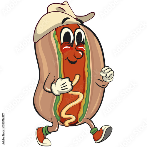 cute hot dog mascot cartoon vector illustration walking wearing a cowboy hat, funny fast food character isolated on transparent background, work of hand drawn