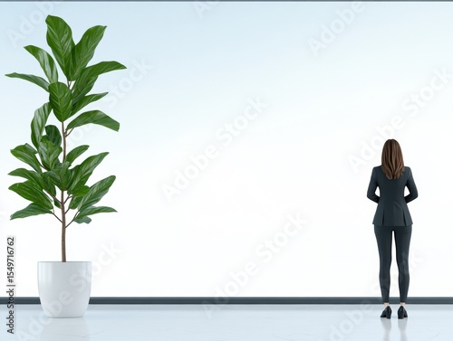 Modern office interior. Woman looking out large window