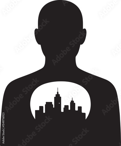 Figure with a hollow chest cavity, where a miniature city skyline glows inside