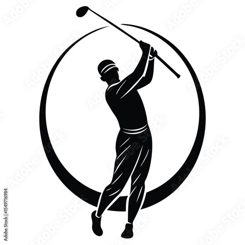 Silhouette of a golfer swinging a club within a circular frame
