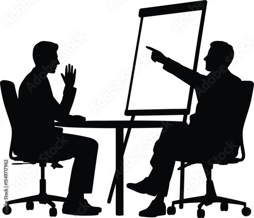 Silhouette vector illustration of two businessmen sitting at a table discussing presentation with flip chart
