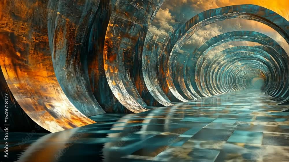 Abstract tunnel with teal and orange walls, reflective floor, and cloudy sky