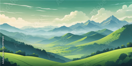 A summer mountain landscape with green meadows and a panoramic view of the sky, clouds, and distant snow-capped peaks