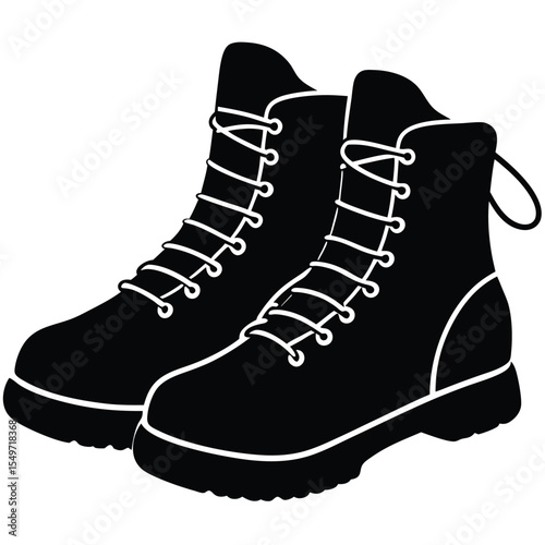 Black silhouette of a pair of sturdy lace up combat boots on a white background