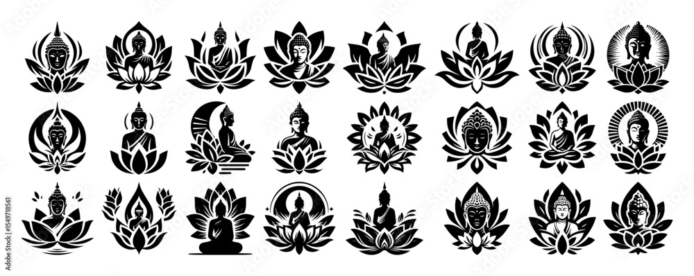 Obraz premium monochrome lotus and buddha illustrations – outline spiritual vector set