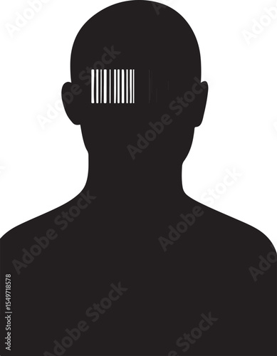 Face with barcodes for eyes, one half scanned and glowing red