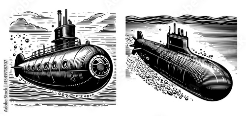 submarine engraving vector set – vintage underwater vessel illustrations