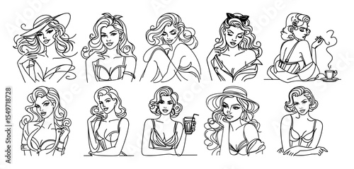 pin-up girl sketches in outline style – vintage retro woman illustrations