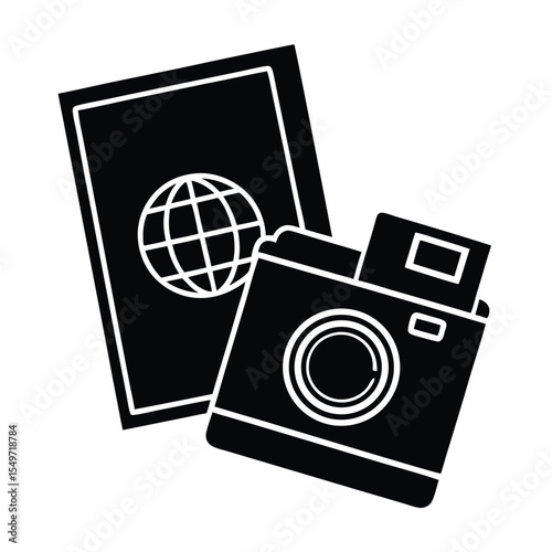 Black and white silhouette of a passport and a camera for travel photography