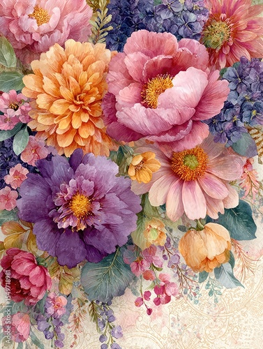 A vibrant bouquet featuring a stunning selection of flowers, including peonies, dahlias, and wildflowers in shades of pink, orange, and purple, creating a colorful, harmonious arra