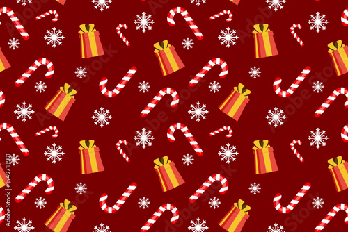 Candy cane with gift and snowflakes seamless pattern on red background	