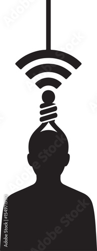 Figure with a WiFi symbol for a head, signal waves as noose around their neck