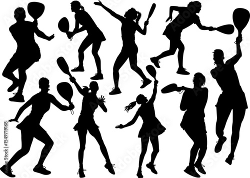 a set of silhouettes of padel players girls vector illustration