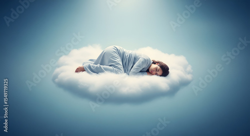 Child sleeping peacefully on a cloud, in a dreamy blue sky, concept of relaxation and serenity