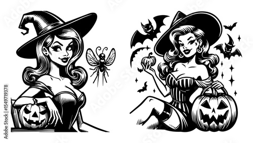 halloween witch pin-up girls – pumpkin and bat vector illustrations