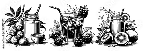 fruit juice and smoothie vector set – engraved tropical drink illustrations
