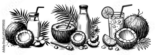 tropical fruit and coconut drink illustrations – engraving vector set