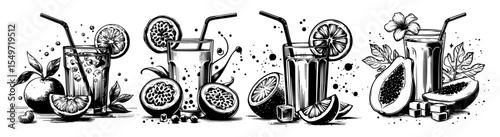 passion fruit and tropical juice vector set – engraved drink illustrations