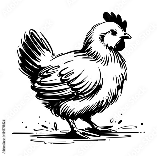 realistic chicken illustration in engraving style – farm animal vector