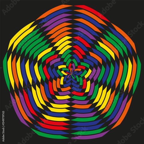 Rainbow spiral tunnel. Colorful vortex design. Psychedelic swirl pattern. Vector rainbow illusion.