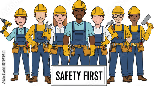 A diverse team of male and female construction workers in hard hats, holding their work tools, stands together to promote workplace safety first.
