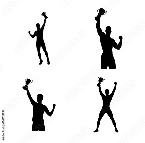 Four black silhouettes of victorious figures holding trophies aloft.
