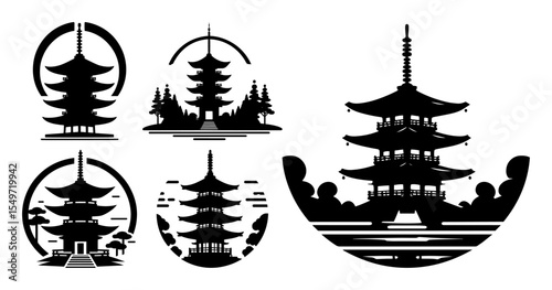 japanese pagoda landscape icons – minimalist temple vector set