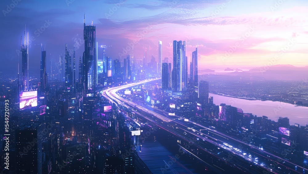 Naklejka premium Futuristic city skyline at twilight