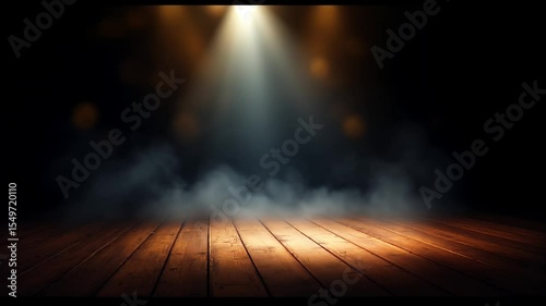 Dramatic realistic video on a rustic wooden stage in a dark and gloomy room