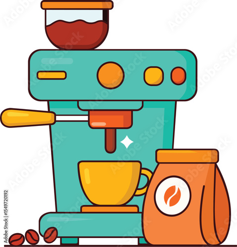 Coffee machine cup coffee bean bag turquoise orange kitchen cartoon modern cheerful morning hot drink