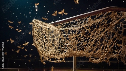 basketball net surrounded by moths at night. photo of basketball net noise at night