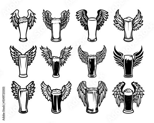 beer glass with wings – tattoo style vector icon set