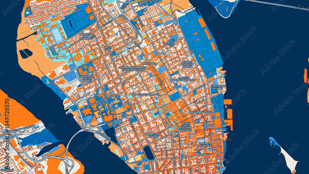 Naklejka premium Colorful Charleston Street Map with Labels and Buildings