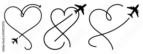 airplane trail heart vector set – minimal love flight path illustrations