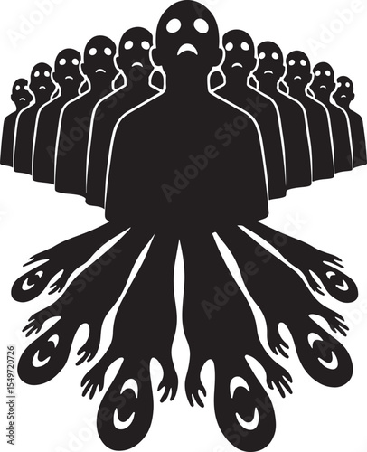A crowd of people staring upward with hollow eyes—but their shadows on the ground are facing the opposite direction, mouths wide in silent screams