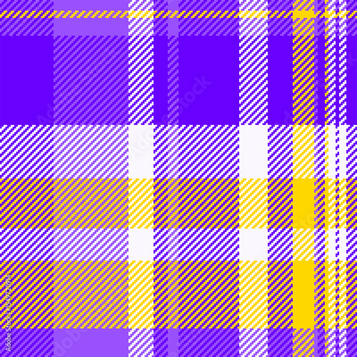 Vibrant tartan pattern in bold purple and yellow tones. Textile design perfect for backgrounds, apparel, or creative projects needing a bright, eyecatching texture.