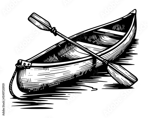 wooden canoe with paddles – vintage engraved boat vector