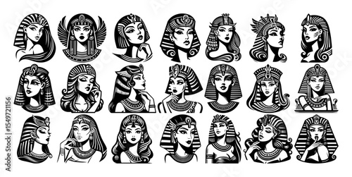 ancient egyptian women portraits – pharaoh and queen vector set