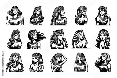 egyptian queen portraits – female pharaoh vector illustration set