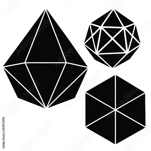 Three geometric shapes including an octahedron icosahedron and hexagonal prism